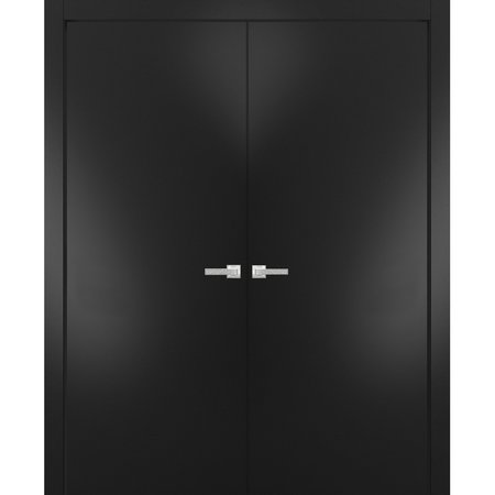 SARTODOORS Modern  Double 64x84" Handles Planum 0010 Black Matte Single Regural Panel Frame Trims Bathroom PLANUM10DD-BLK-6484